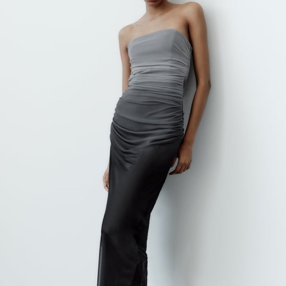 NWT STRAPLESS PRINTED TULLE SHADES OF GRAY DRESS
